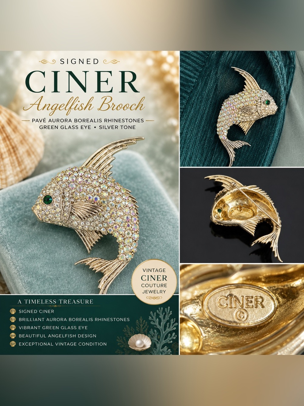 CINER Gold-Tone Pavé Angelfish Brooch with Green Glass Eye